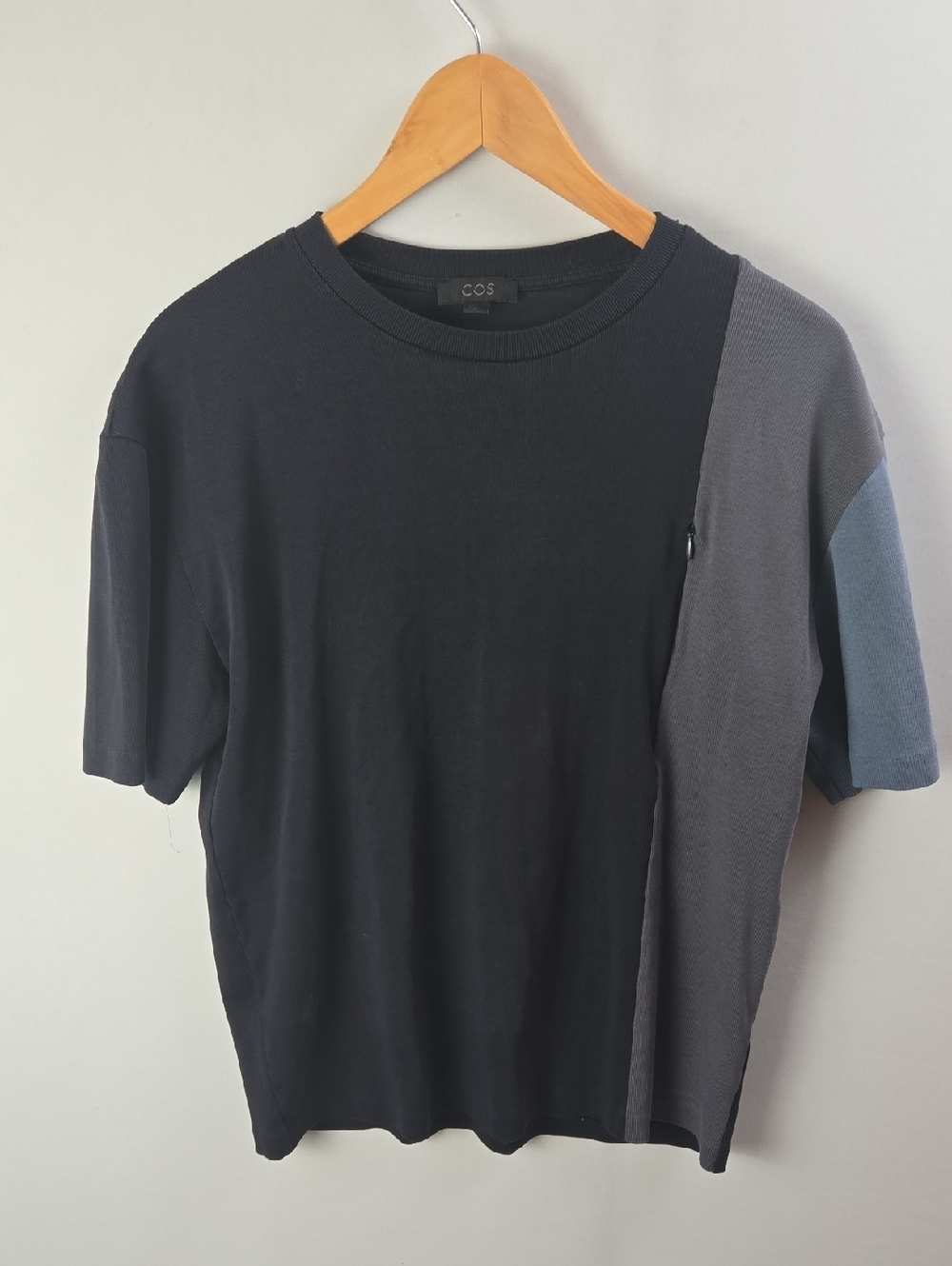 COS Cotton Panelled Black Gray Blue Colorblock Short Sleeve Shirt T-shirt Sz S